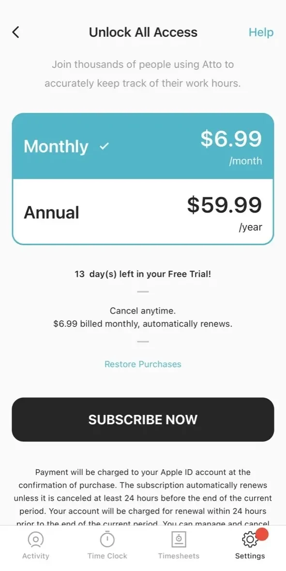 Atto paywall screen