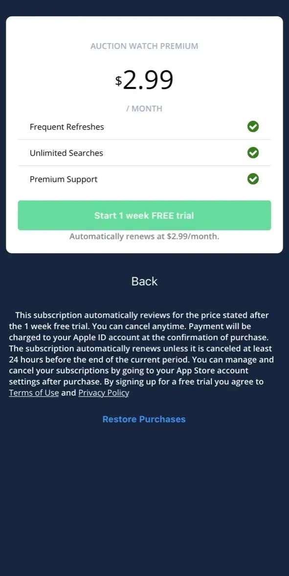 Auction Watch paywall screen
