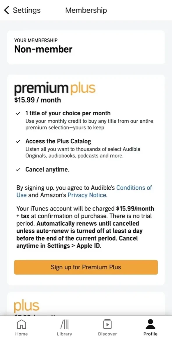 Audible paywall screen