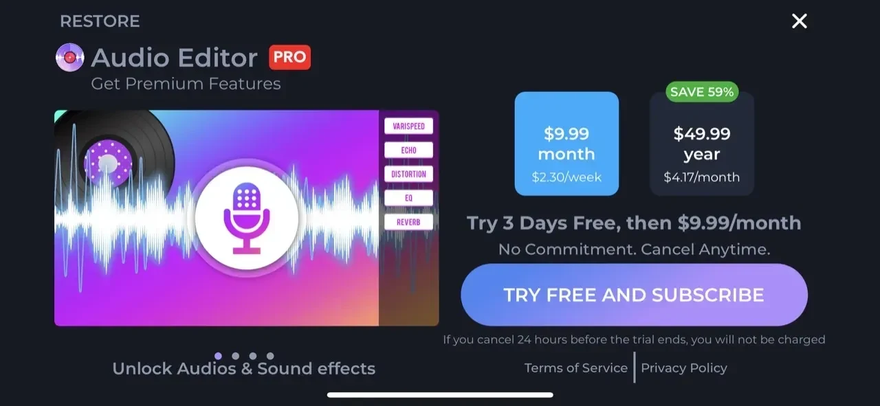 Audio Editor paywall screen