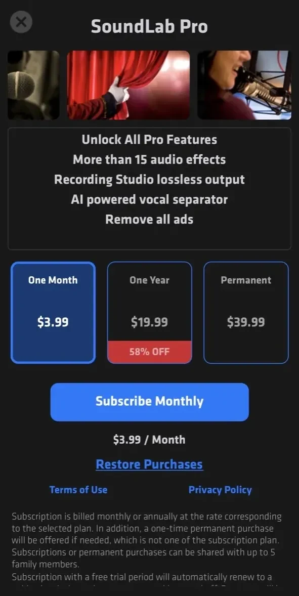 Audio Editor paywall screen
