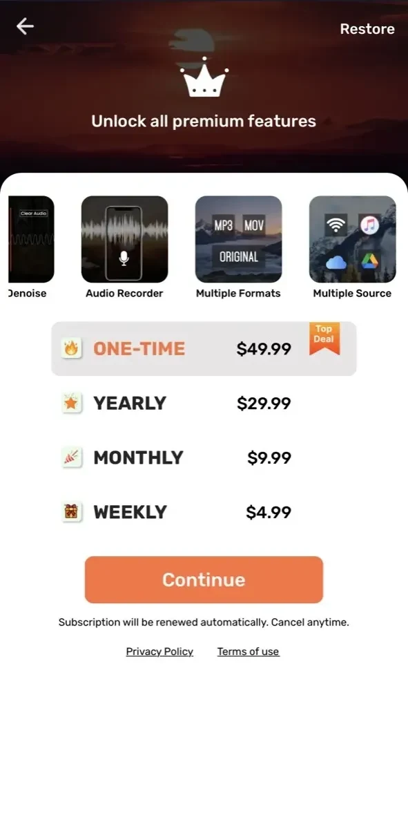Audio Noise Reducer paywall screen
