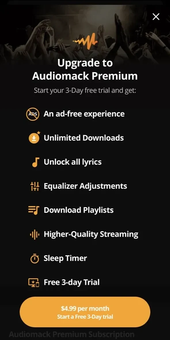 Audiomack paywall screen