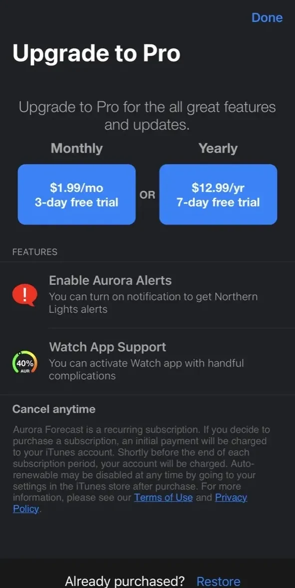 Aurora Forecast. paywall screen