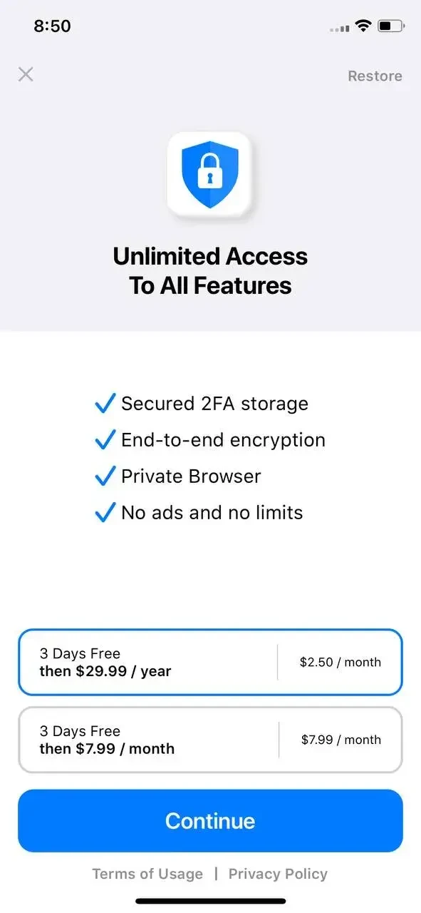 Authenticator App ° paywall screen
