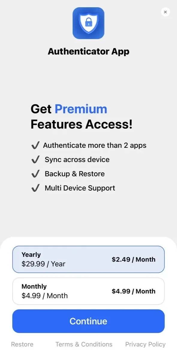 Authenticator app paywall screen
