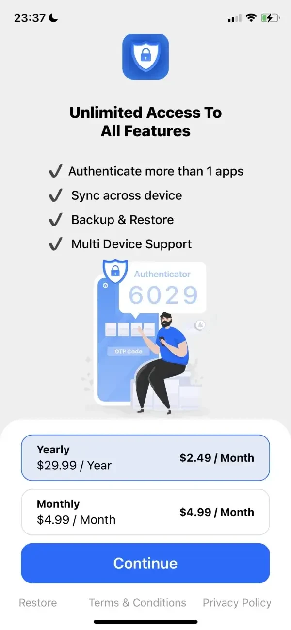 Authenticator app paywall screen