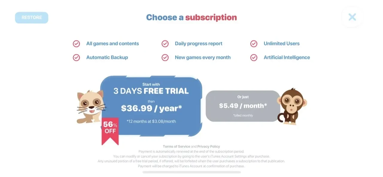 Autism ABC App paywall screen