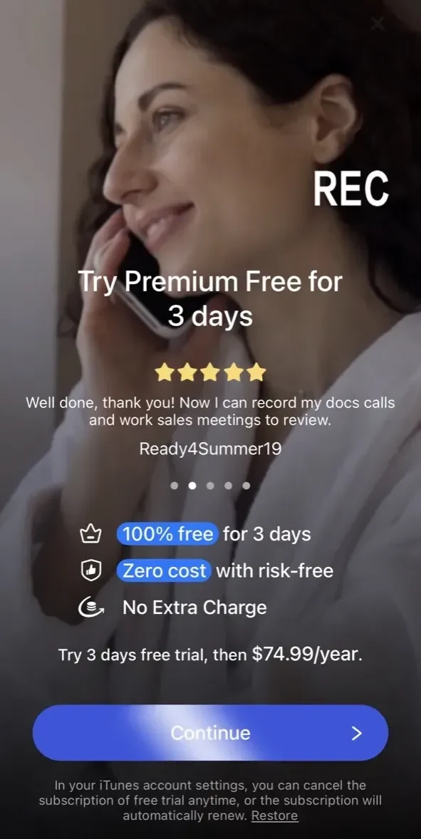 Auto Phone Call Recorder App paywall screen