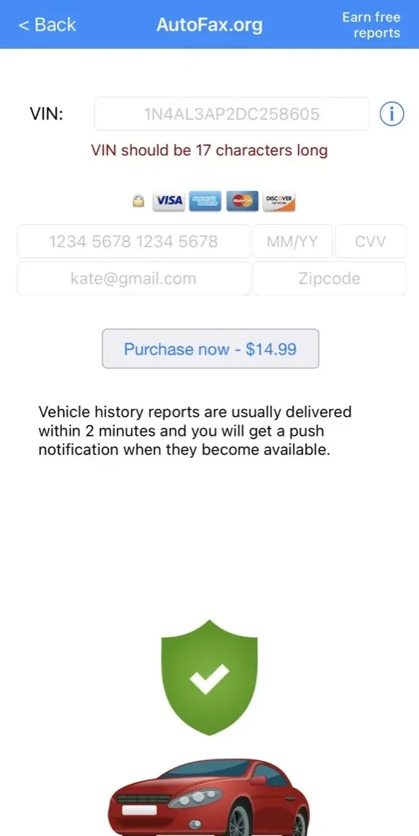 AutoFax vehicle history report paywall screen