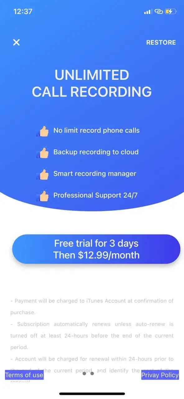 Automatic call recorder. paywall screen