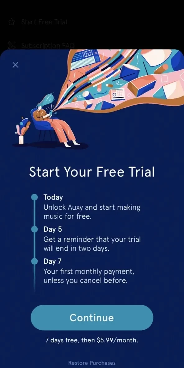 Auxy Studio paywall screen