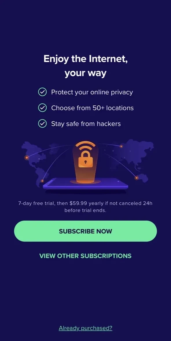 Avast Secureline VPN Proxy paywall screen