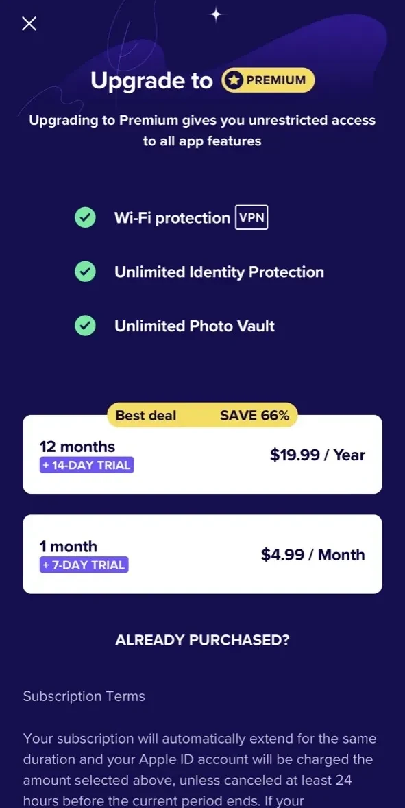 Avast Security paywall screen