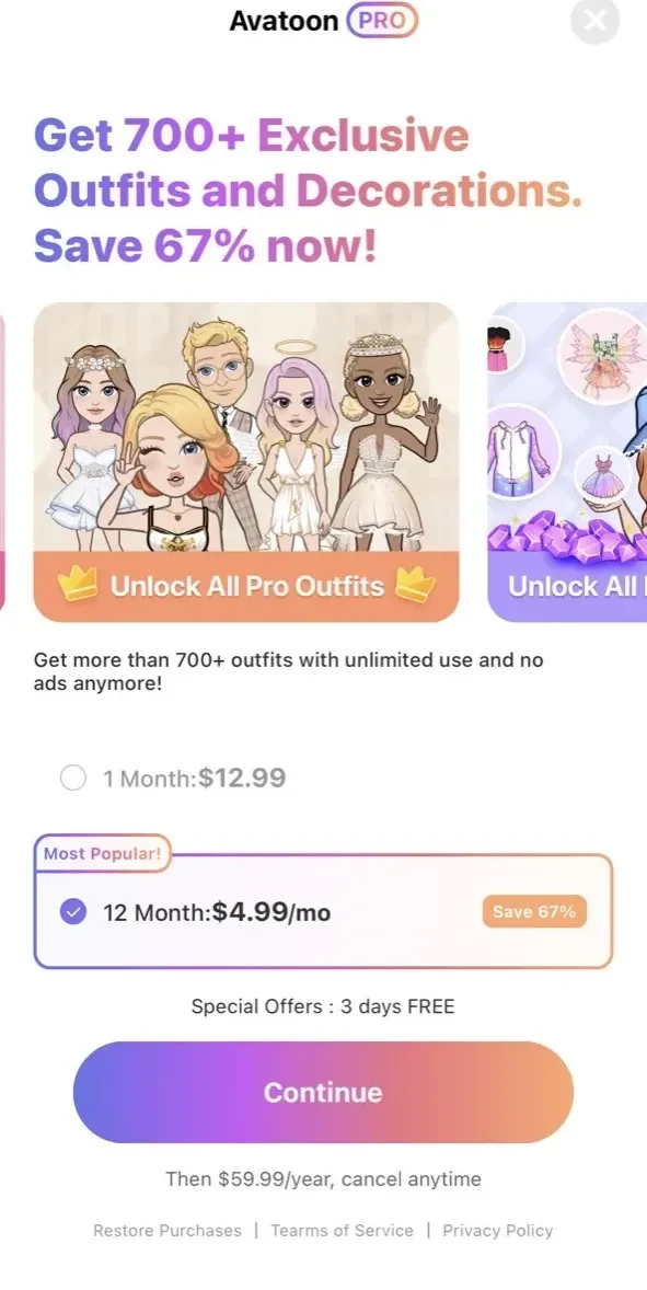 Avatoon paywall screen