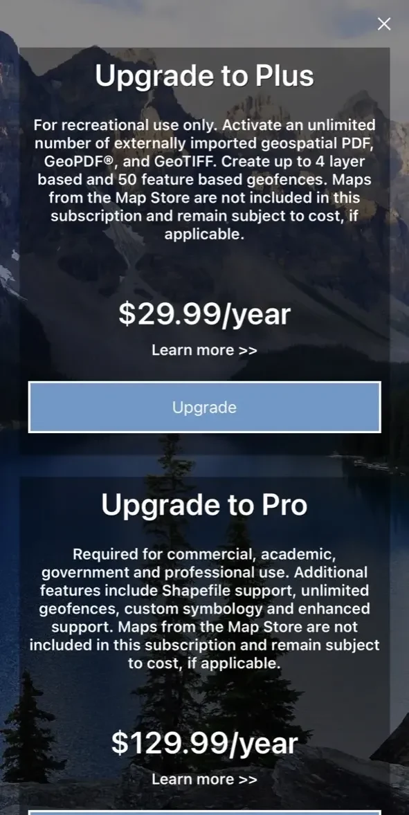 Avenza Maps paywall screen
