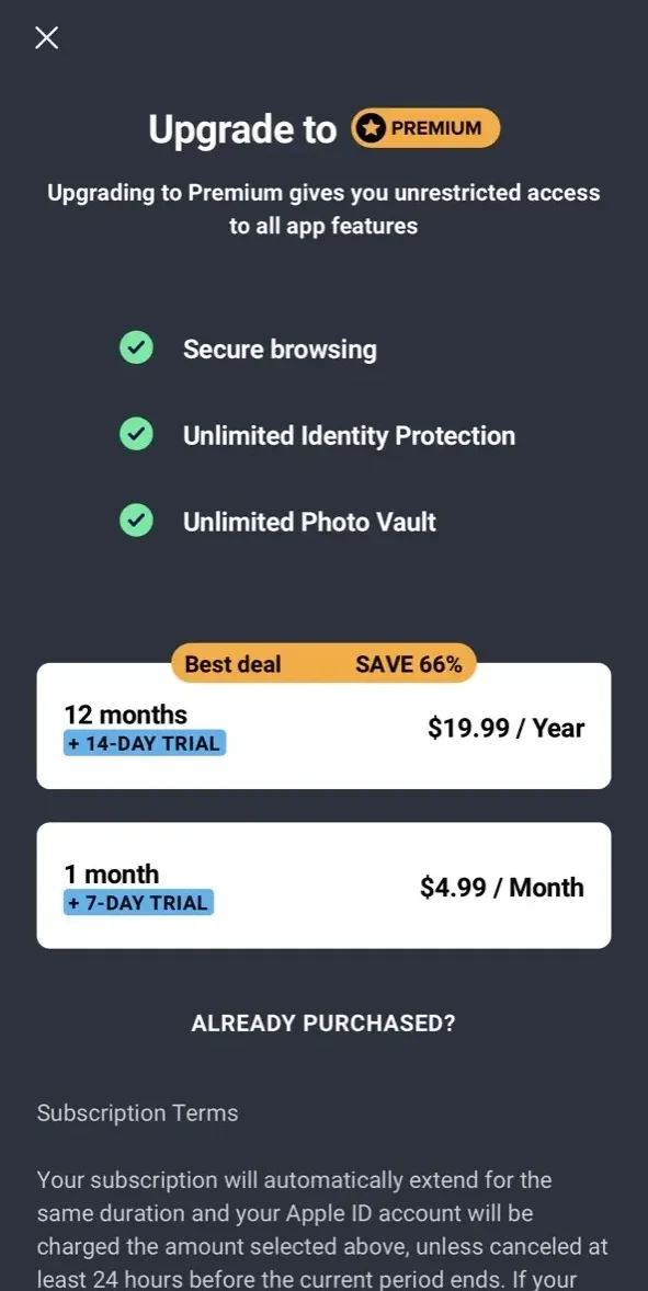 AVG Mobile Security paywall screen