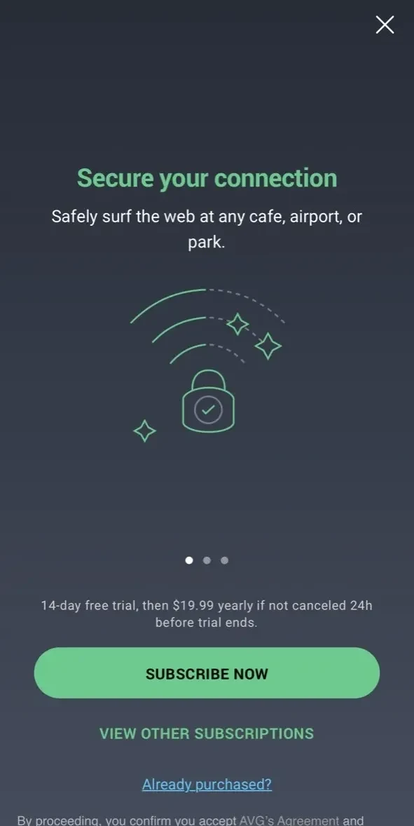 AVG Secure VPN paywall screen