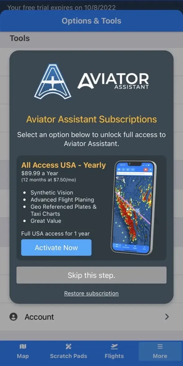 Aviator Assistant paywall screen