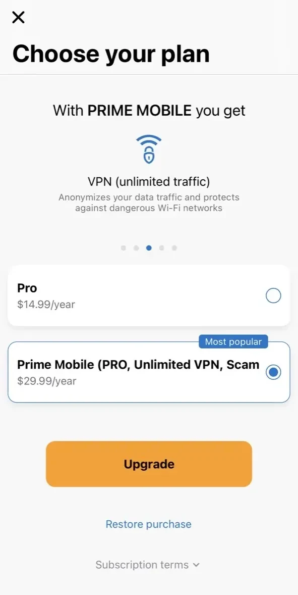 Avira Mobile Security paywall screen