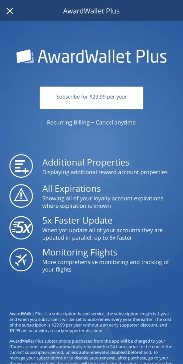 AwardWallet paywall screen