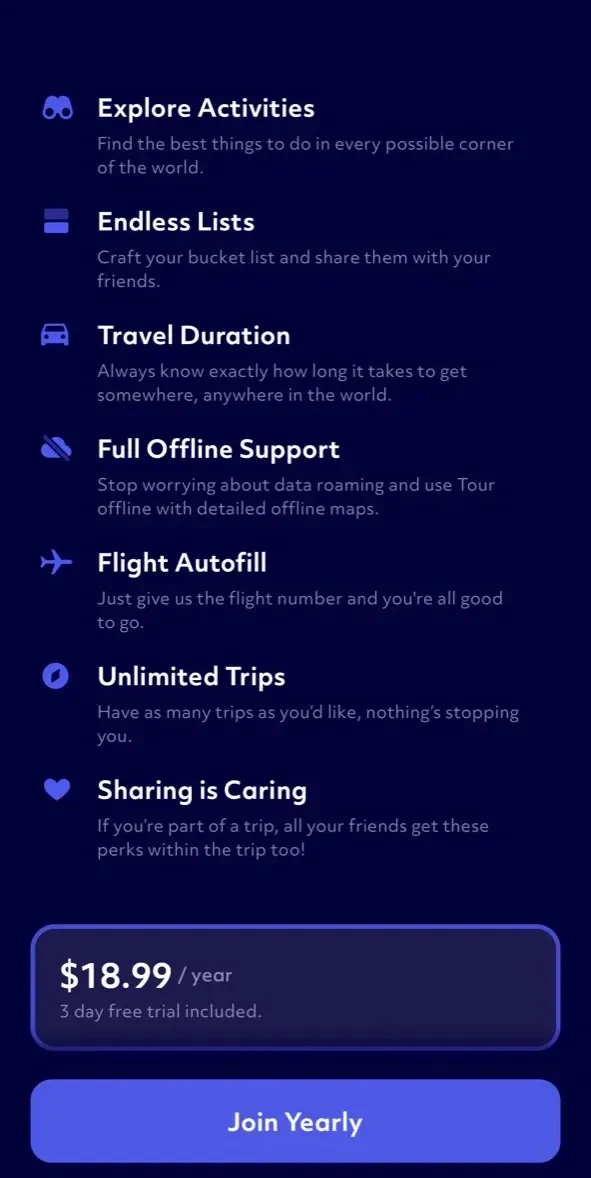 Travel Planner Guide paywall screen