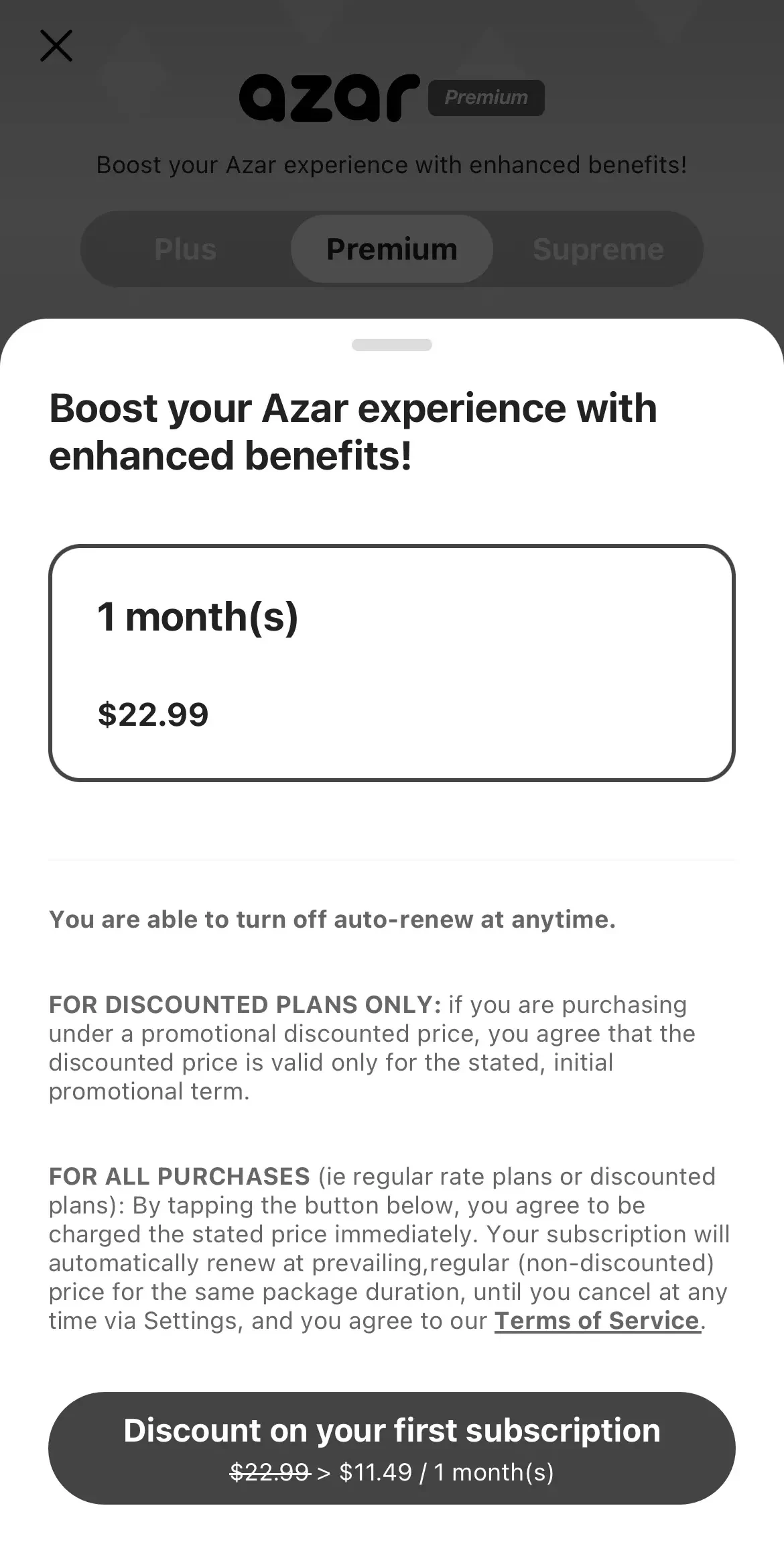 Azar paywall screen