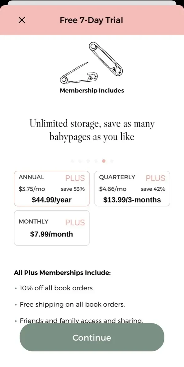 Baby Book Milestones paywall screen