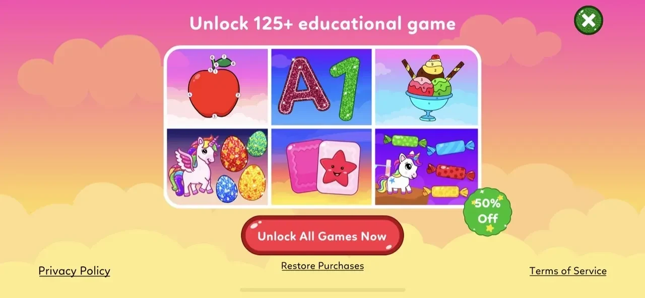 Baby Games for 2-5 Year Olds paywall screen
