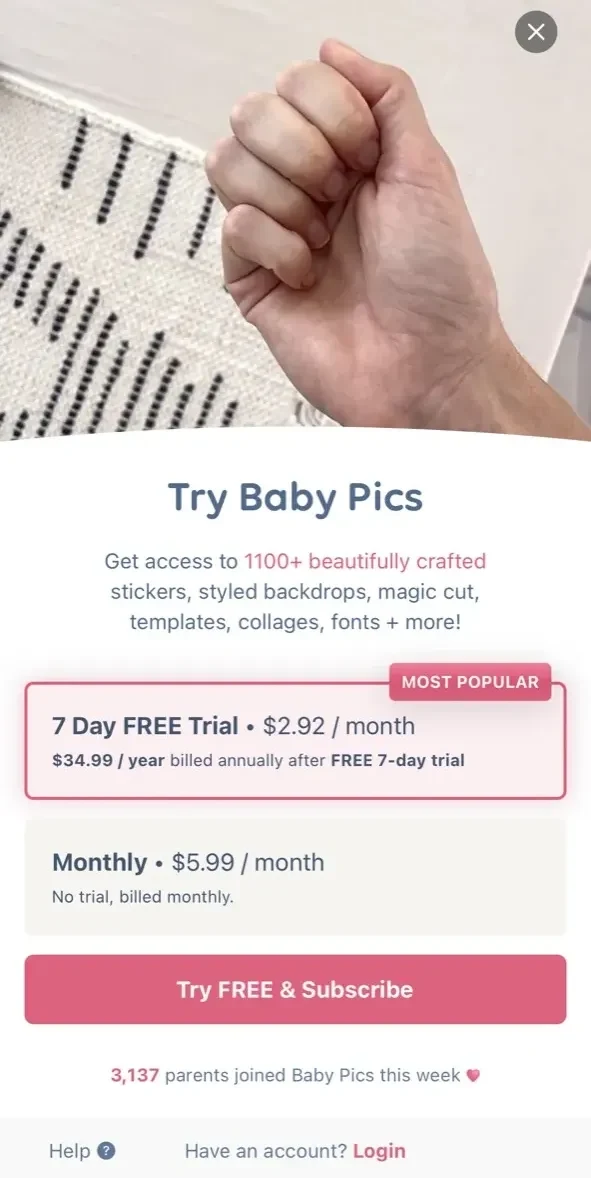 Baby Pics paywall screen