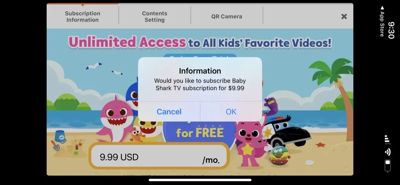 Baby Shark TV paywall screen