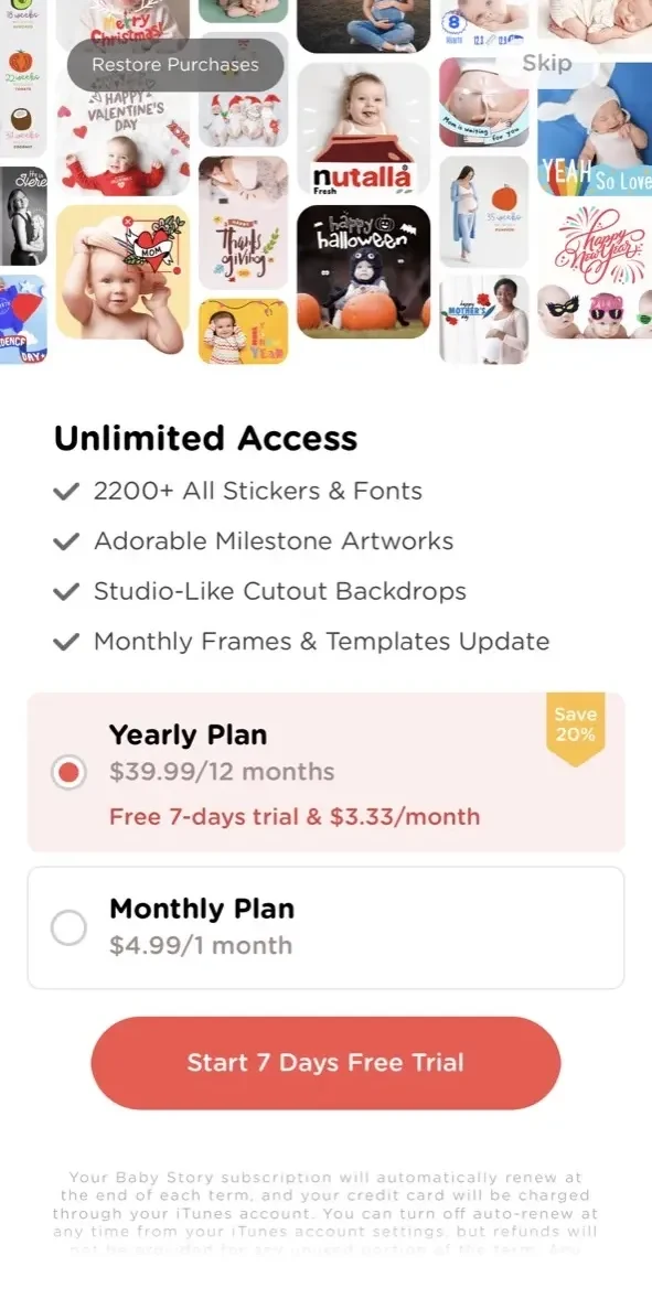 Baby Story paywall screen