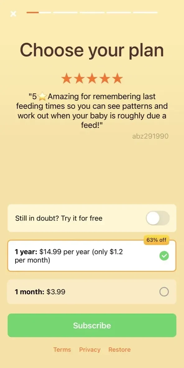 Baby Tracker paywall screen