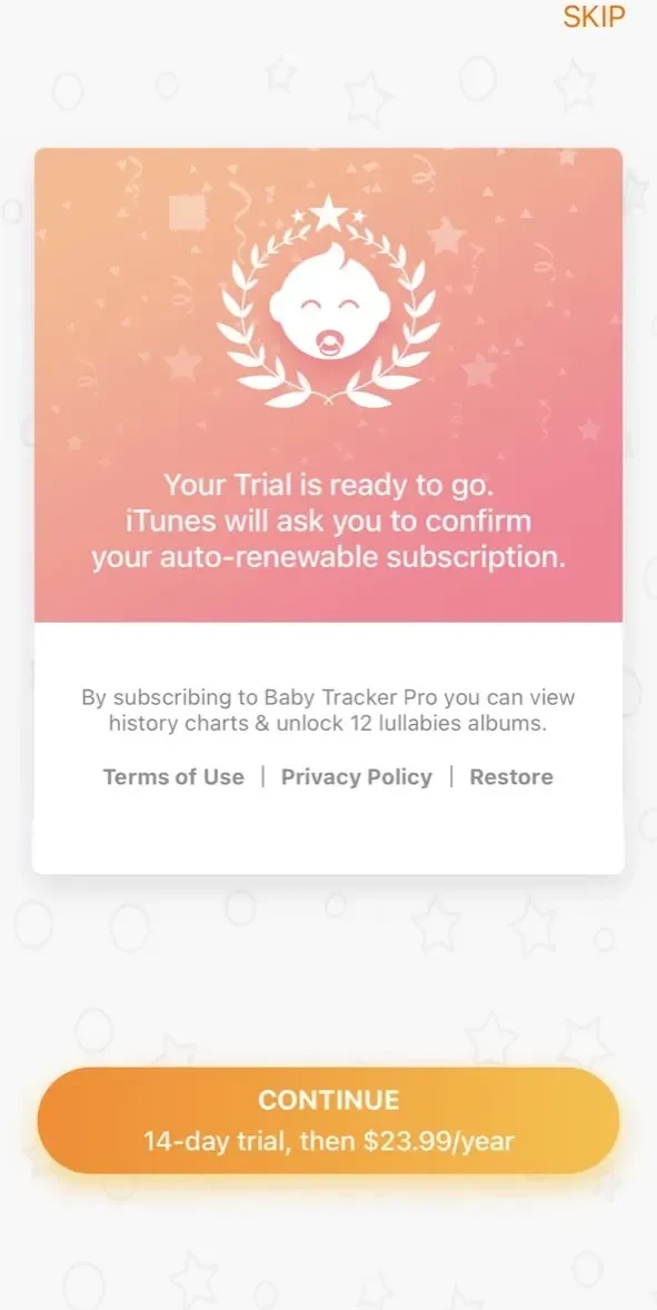 Baby Tracker. paywall screen