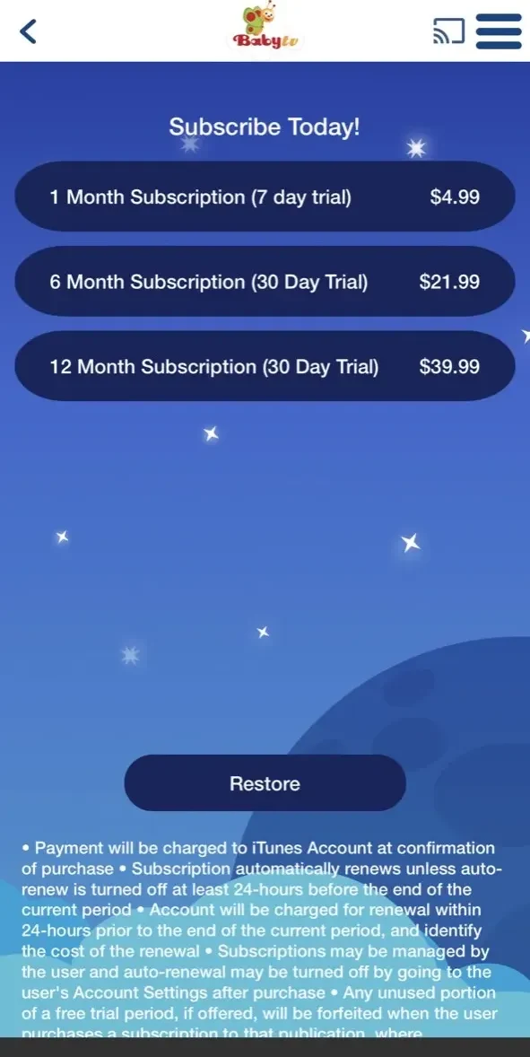 BabyTV paywall screen