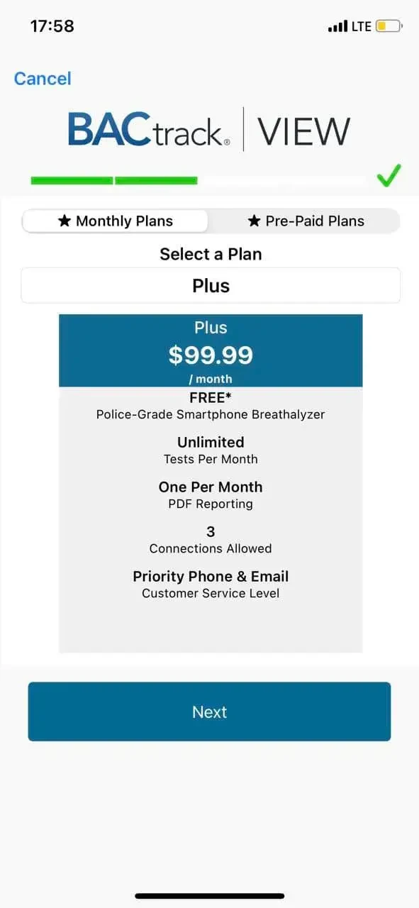 BACtrack View paywall screen