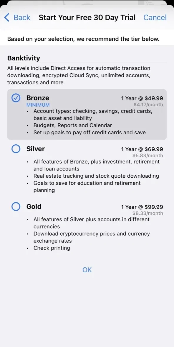 Banktivity paywall screen
