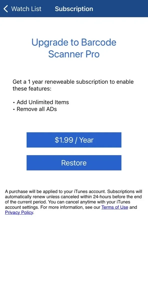 Barcode Scanner paywall screen