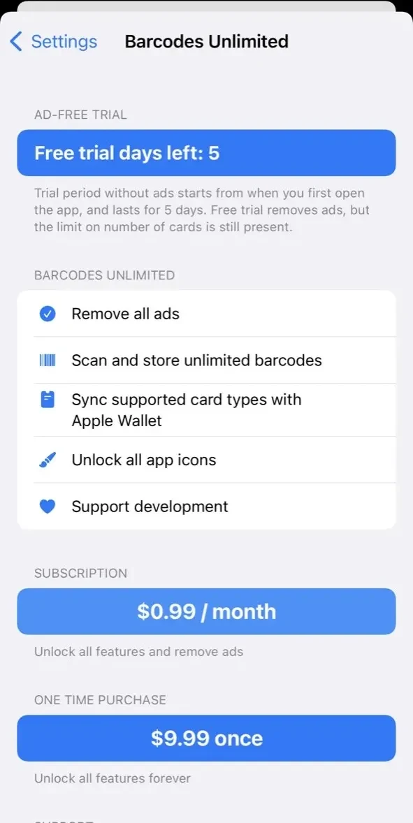 Barcodes paywall screen