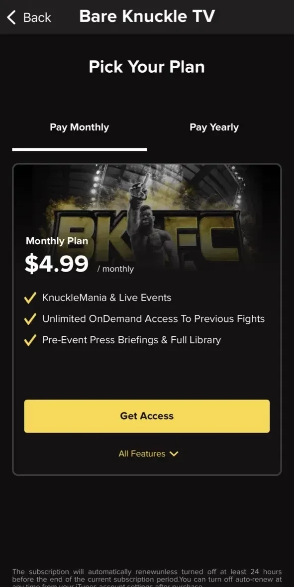 Bare Knuckle TV paywall screen