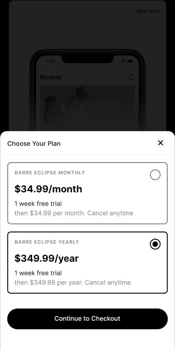 Barre Eclipse paywall screen