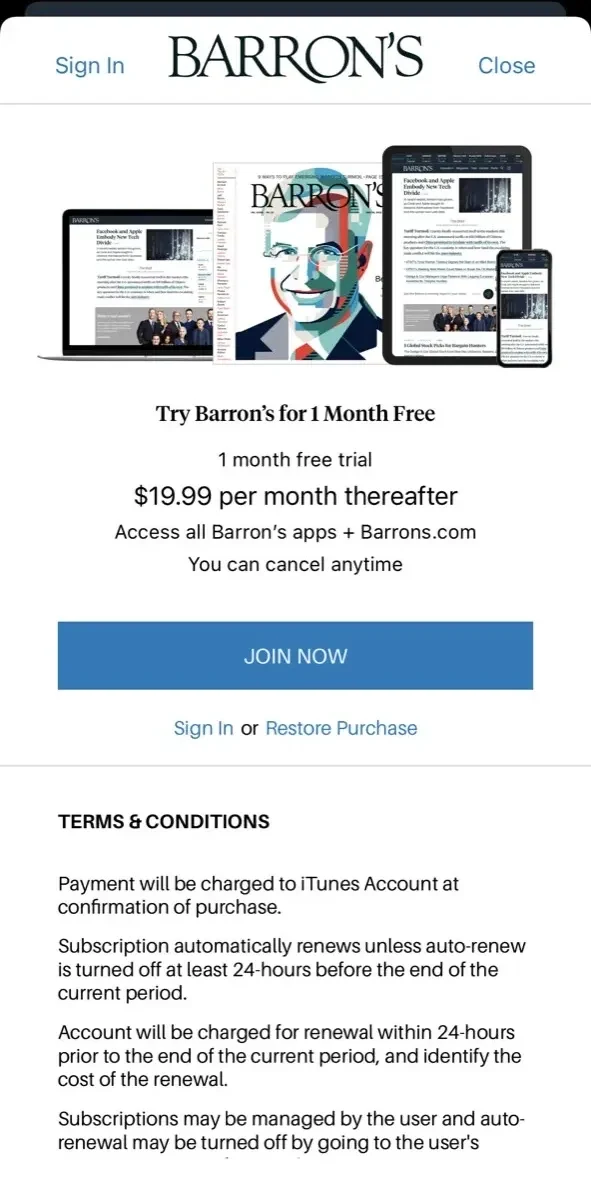 Barron’s paywall screen