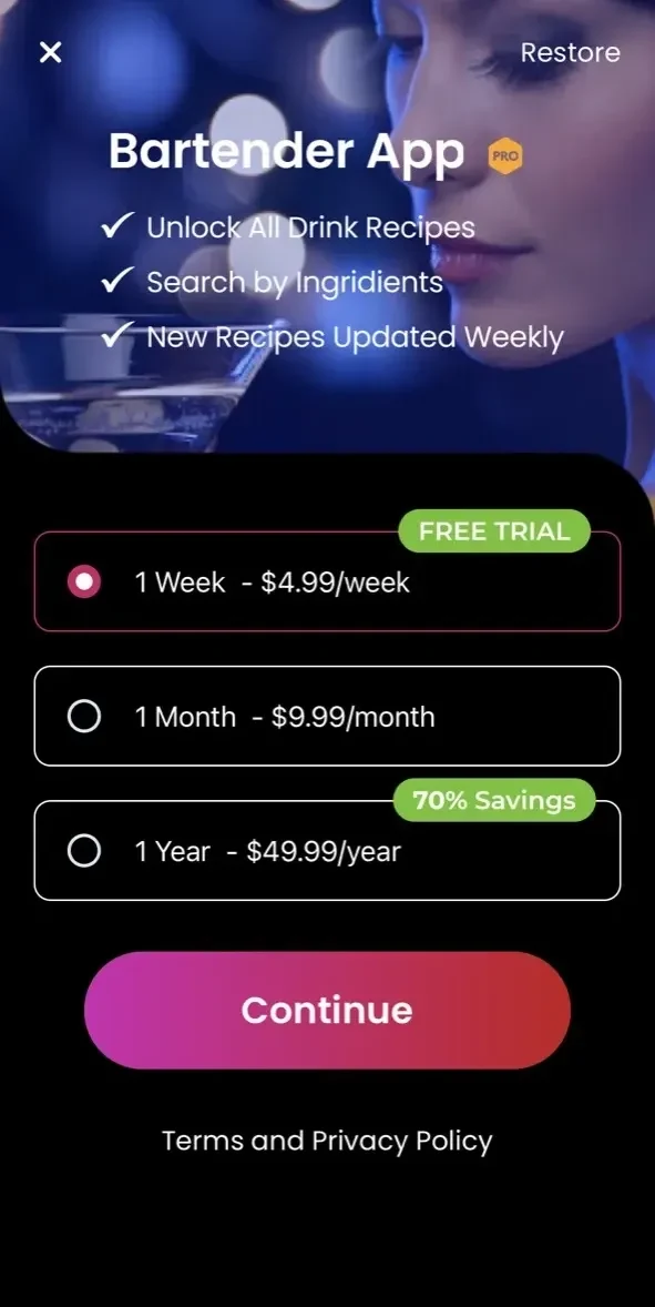 Bartender App paywall screen
