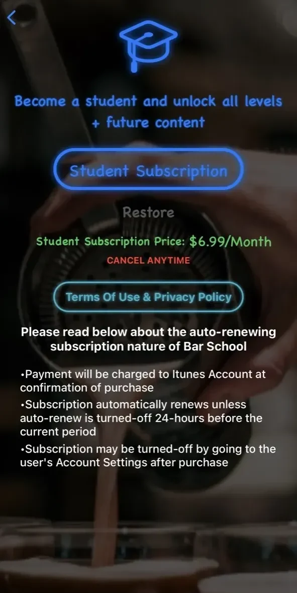 Bartender School paywall screen