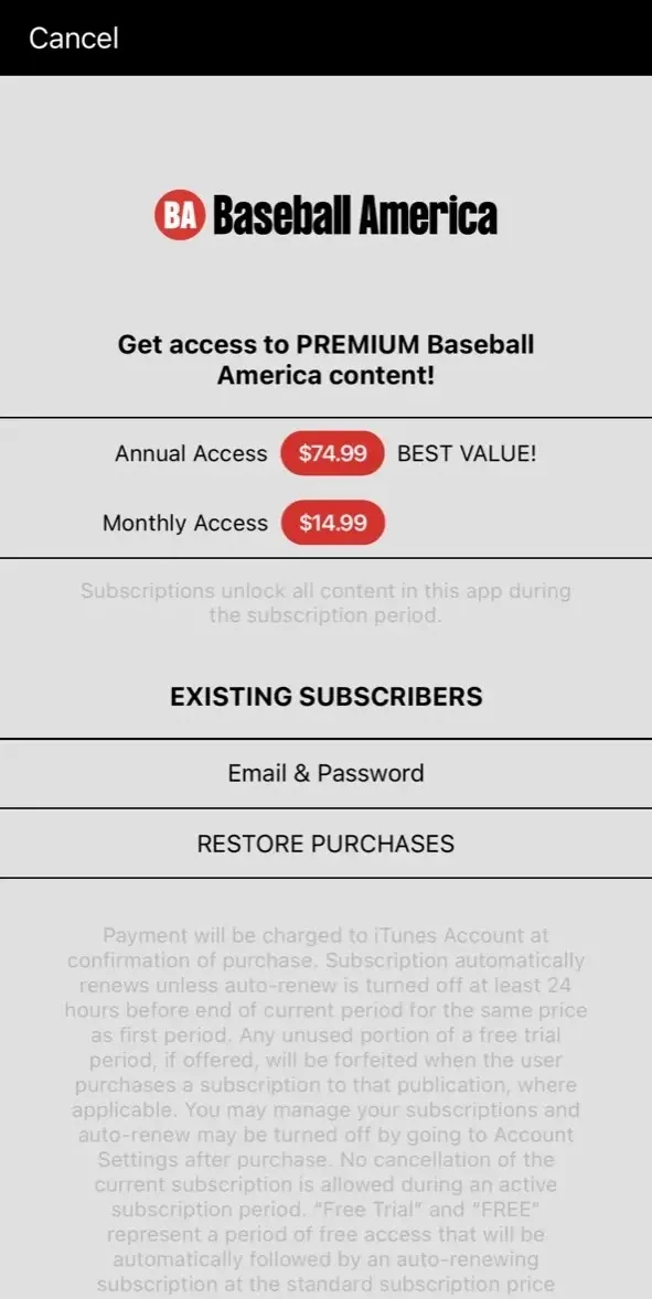 Baseball America paywall screen
