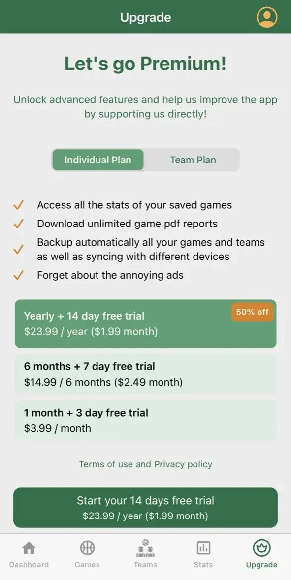 Basketball Stats Assistant paywall screen