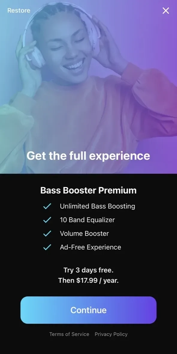 Bass Booster Volume Boost EQ paywall screen