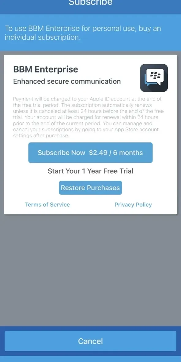 BBM Enterprise paywall screen