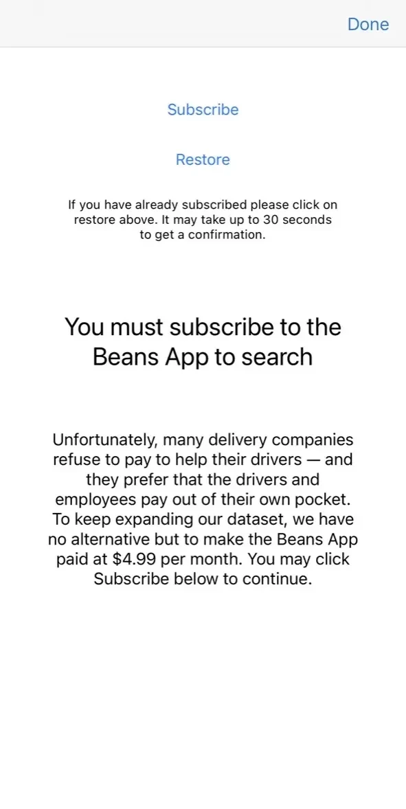 Beans paywall screen