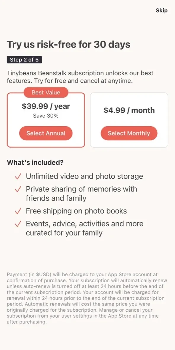 Tinybeans Private Family Album paywall screen